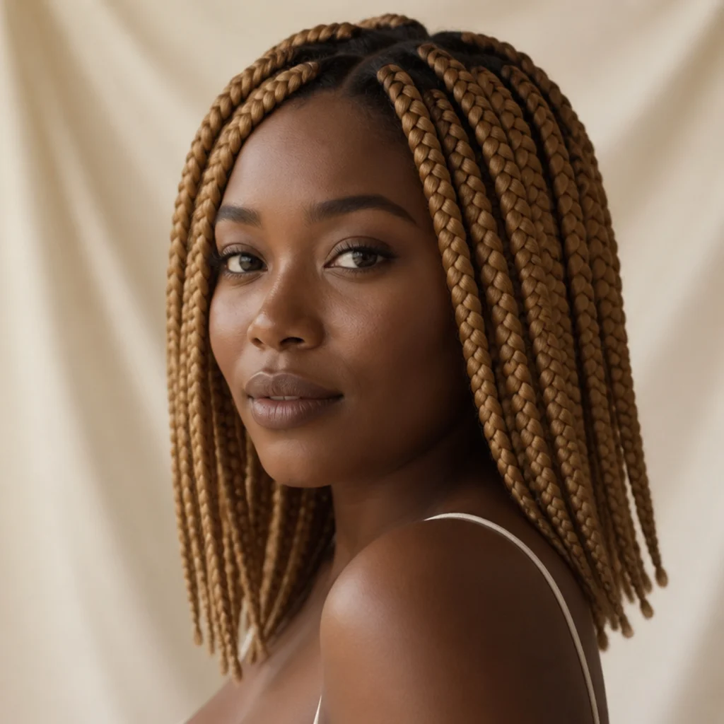 Woman with warm honey-blonde jumbo box braids falling past the shoulders, catching golden light against an ivory backdrop