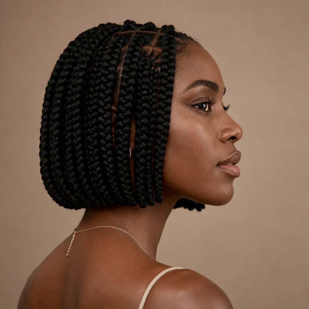 Side view of a woman wearing a chin-length short jumbo box braids bob with clean blunt ends