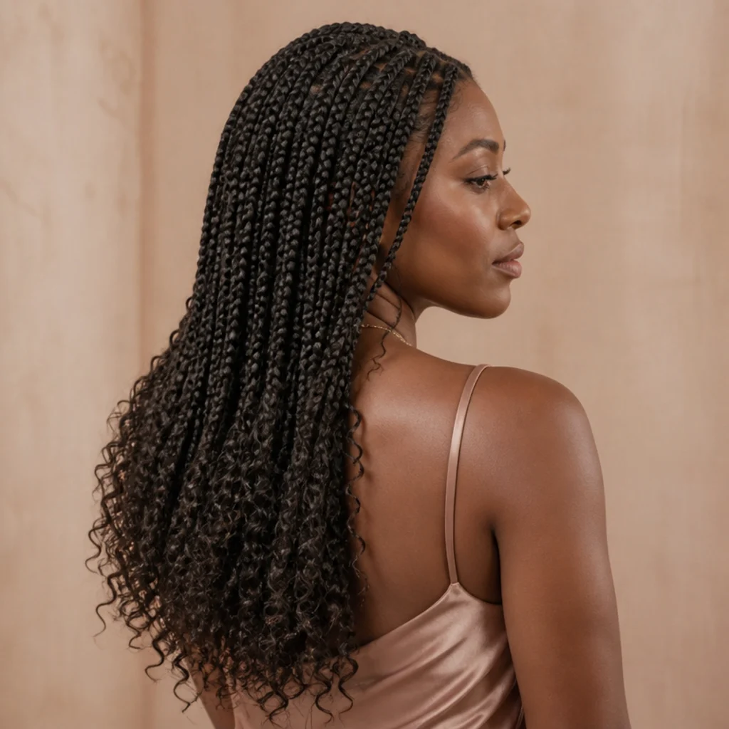 Three-quarter back view of jumbo box braids with loose curly ends cascading past the shoulders