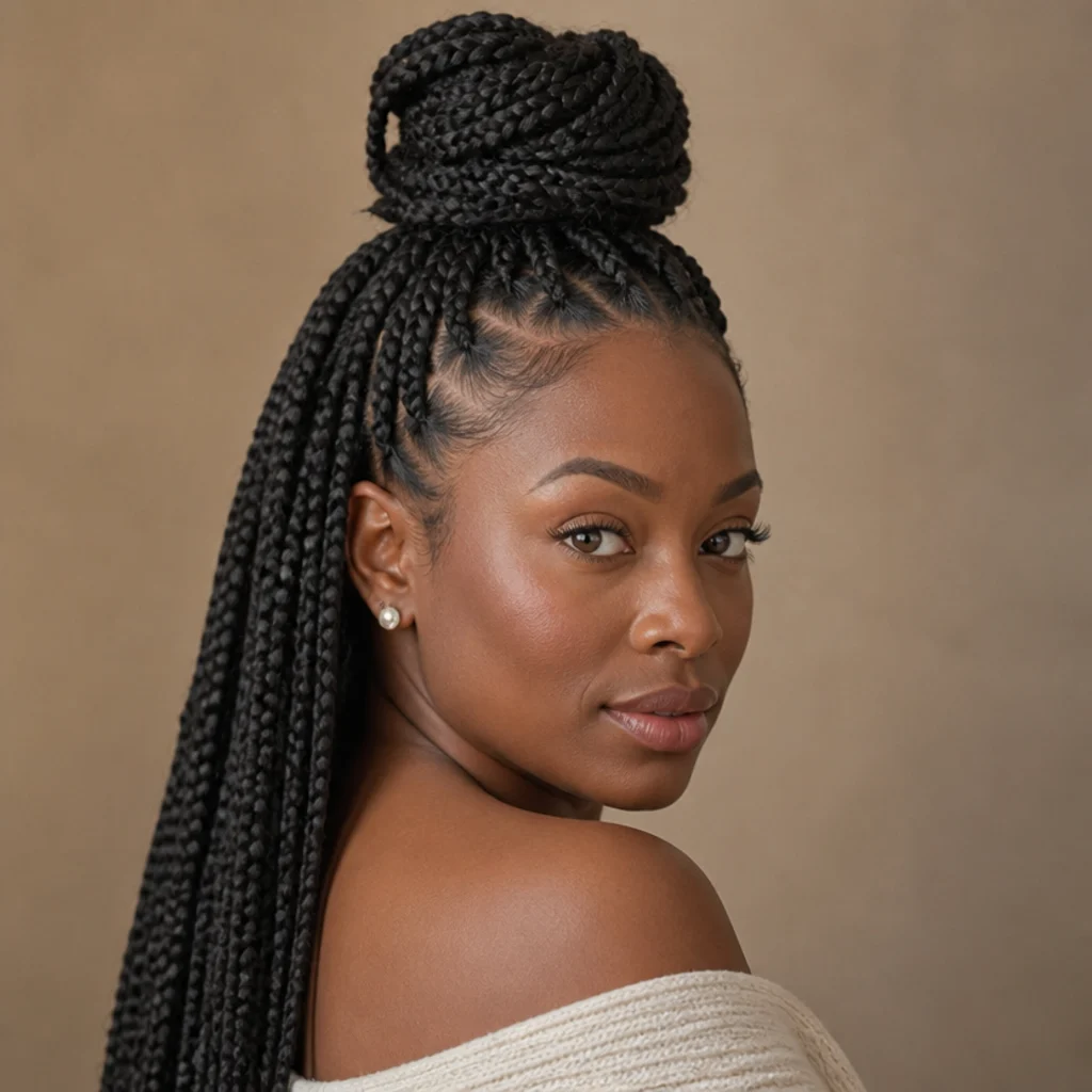 Woman wearing long jumbo box braids gathered into a high half-up bun with the rest left flowing down
