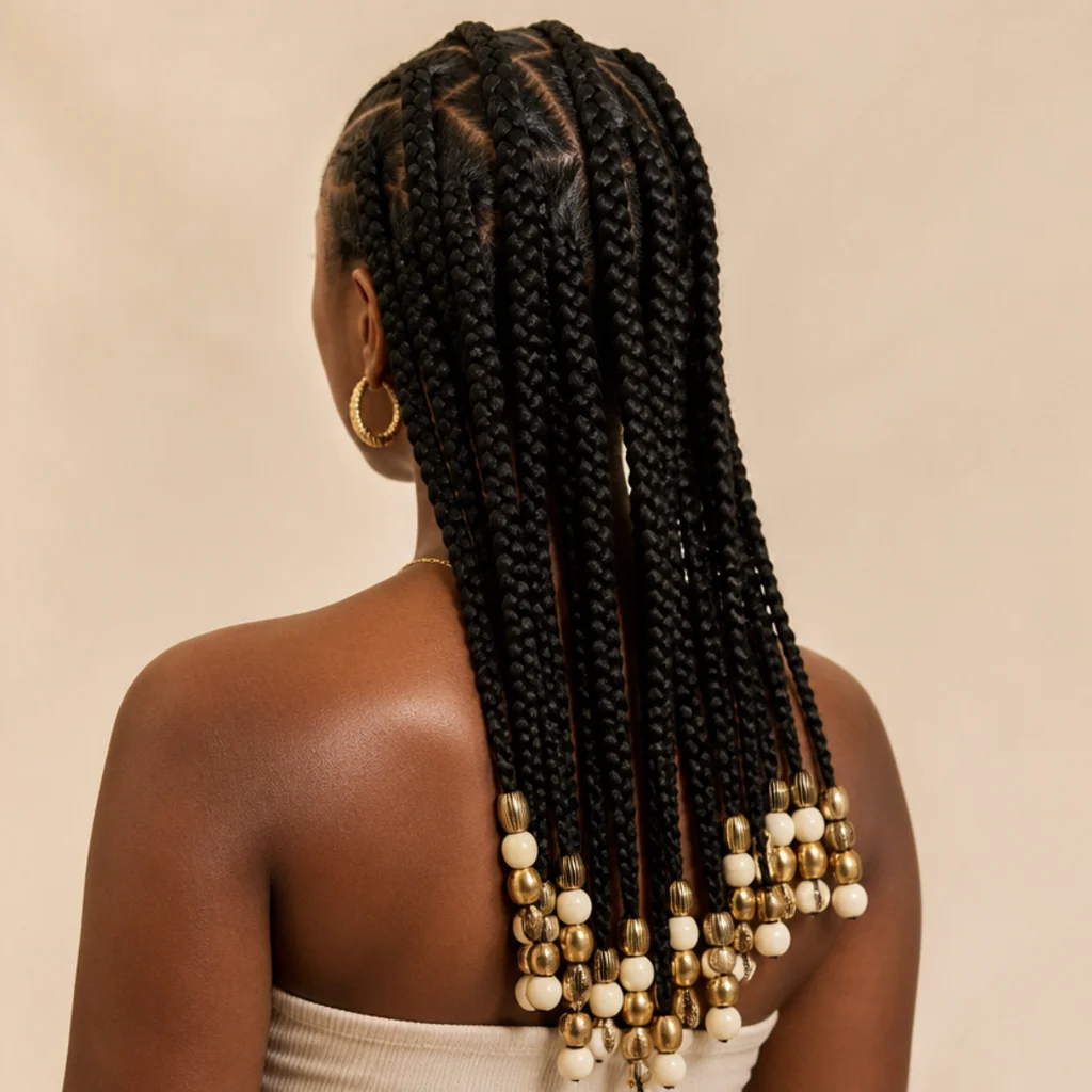 Back view of jumbo box braids with wooden and metallic beads threaded onto the ends in gold and cream tones