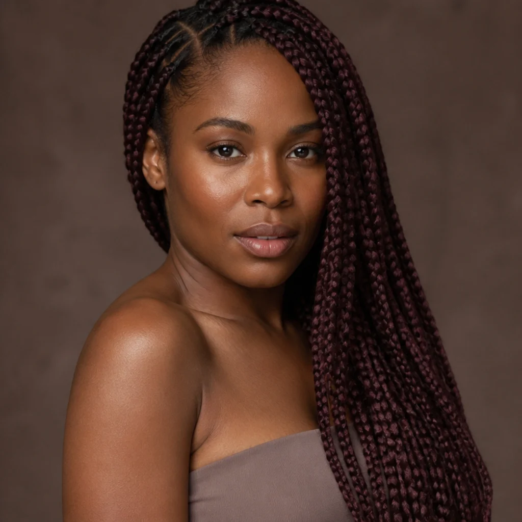 Woman with deep burgundy jumbo box braids styled over one shoulder against a warm taupe background