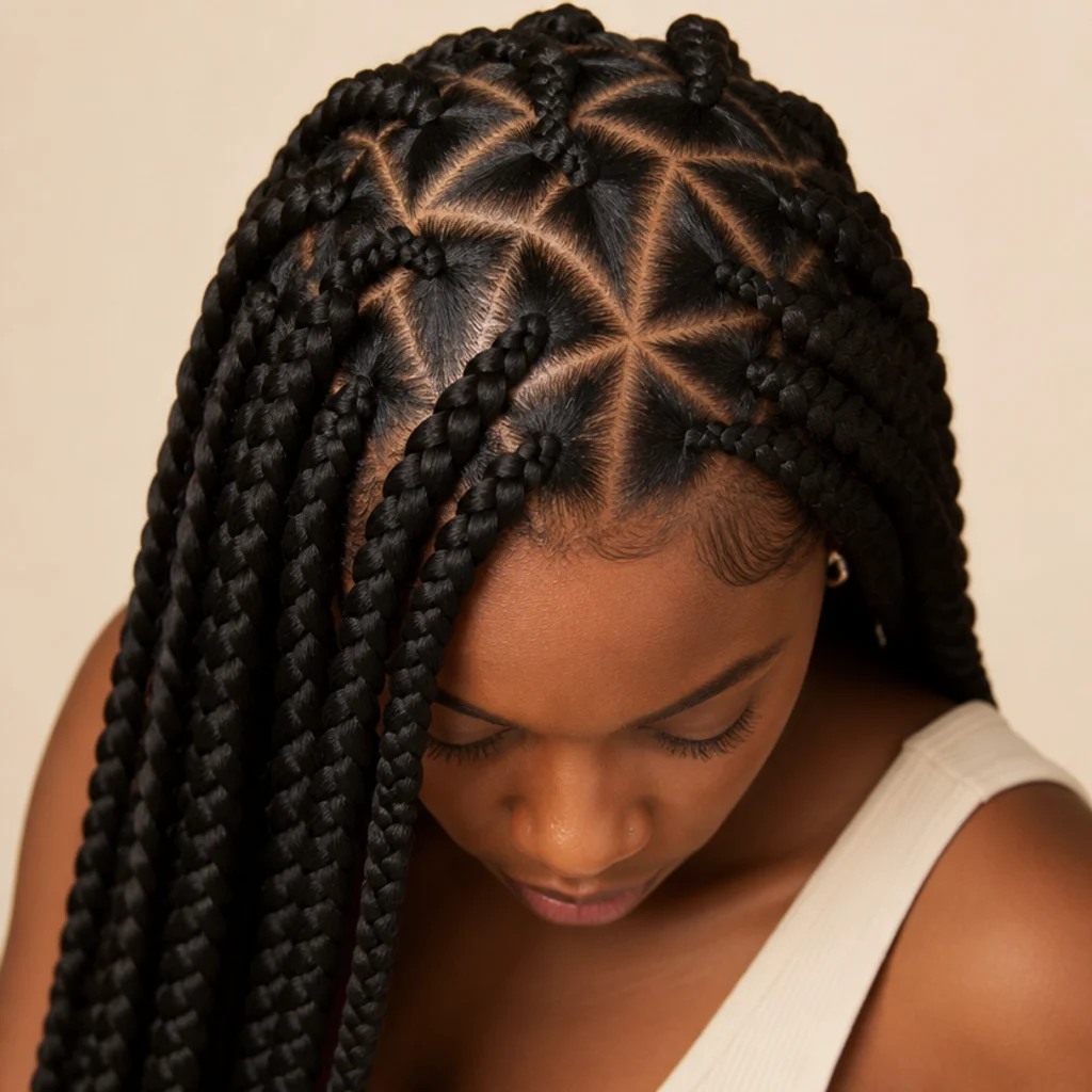 Overhead three-quarter view showing a crisp triangle parting pattern across jumbo box braids