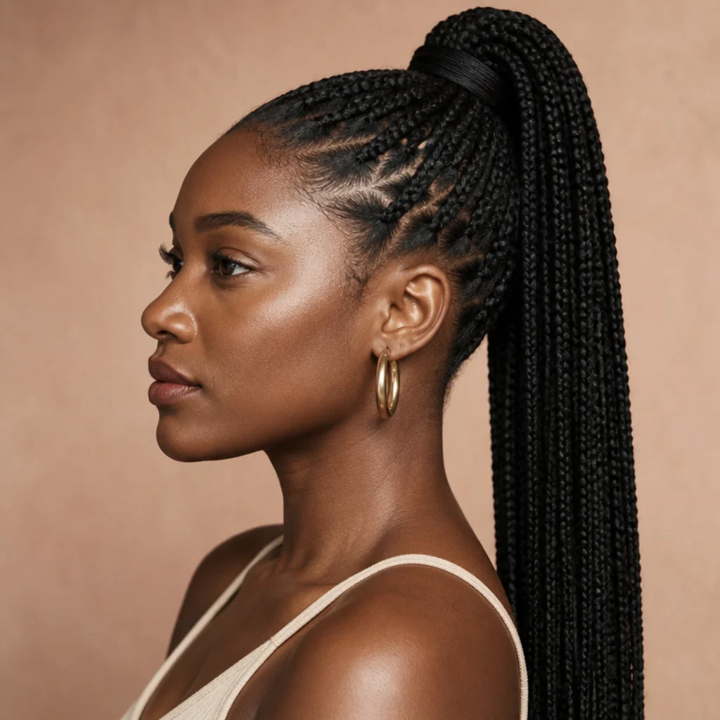 Side profile of a woman wearing jumbo box braids swept into a sleek, lifted high ponytail