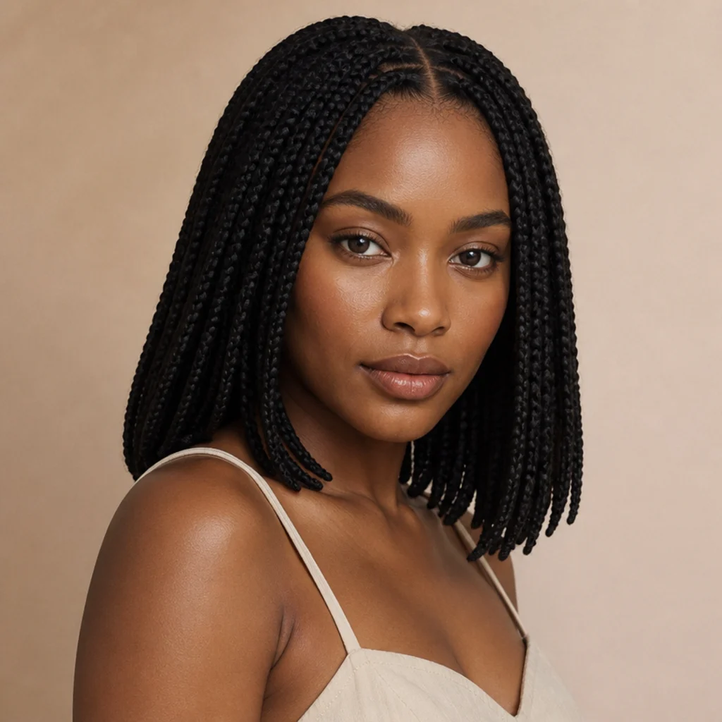 Three-quarter view of a woman with neat shoulder-length jumbo box braids and a clean center part
