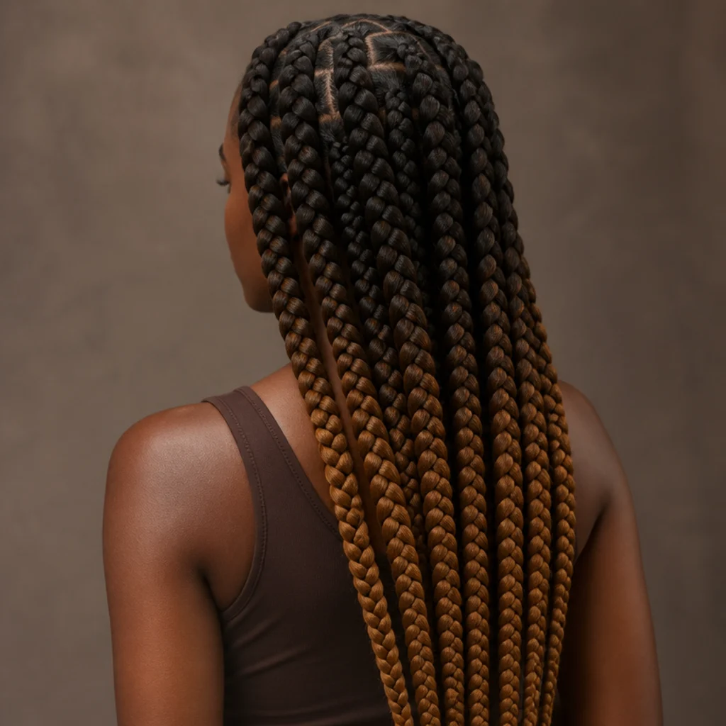 Back view of jumbo box braids fading from dark roots into warm caramel ombre ends