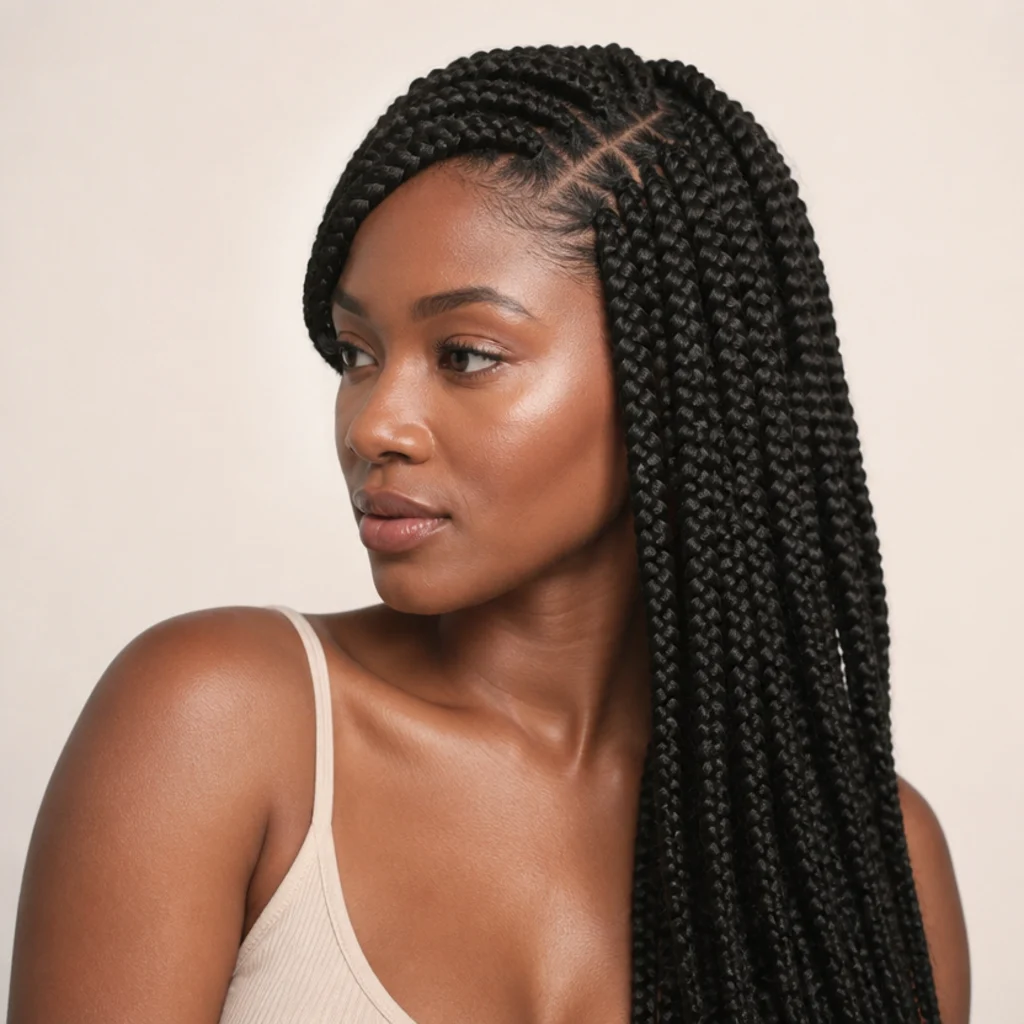 Woman wearing long jumbo box braids swept to one side with a deep, defined side part