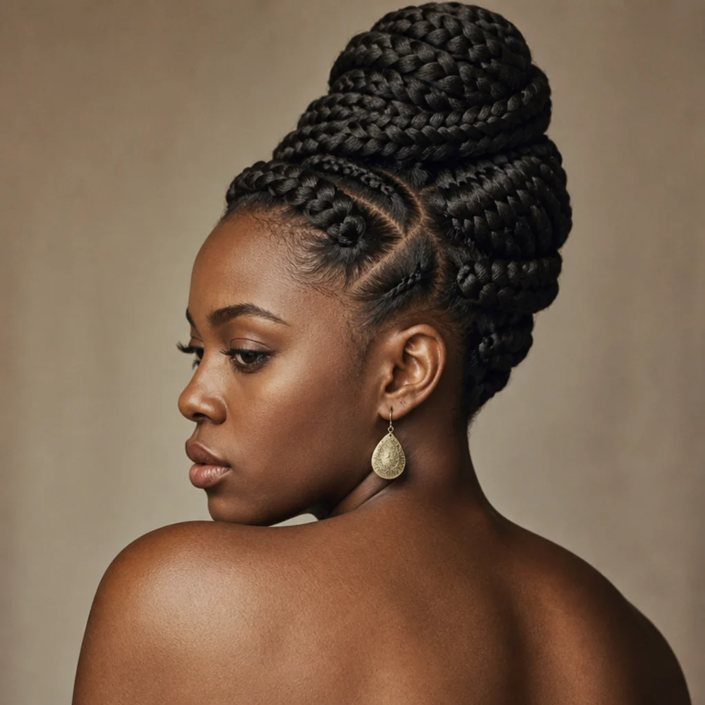 Three-quarter back view of jumbo box braids arranged into a sculptural, chunky braided updo