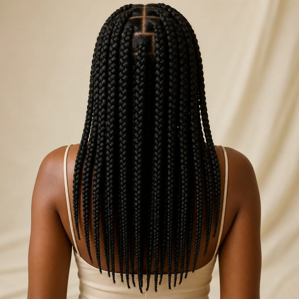Woman with glossy jet-black mid-back-length jumbo box braids photographed from behind
