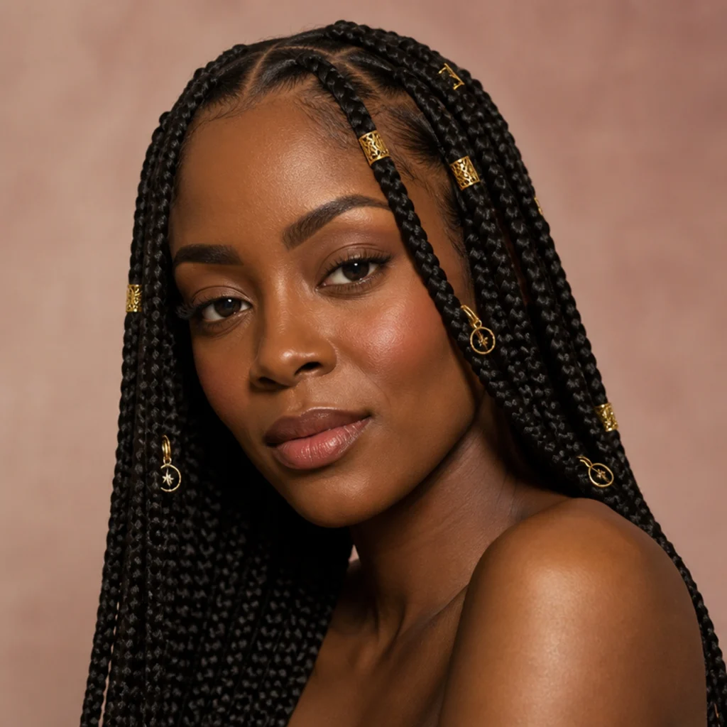 Close three-quarter view of jumbo box braids decorated with gold cuffs and small hanging charms
