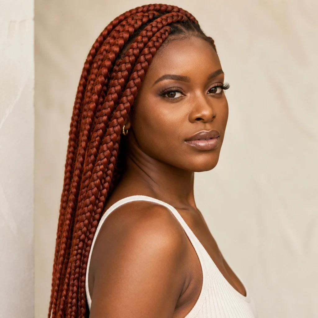 Woman with vibrant copper-red jumbo box braids styled over one shoulder in soft studio light