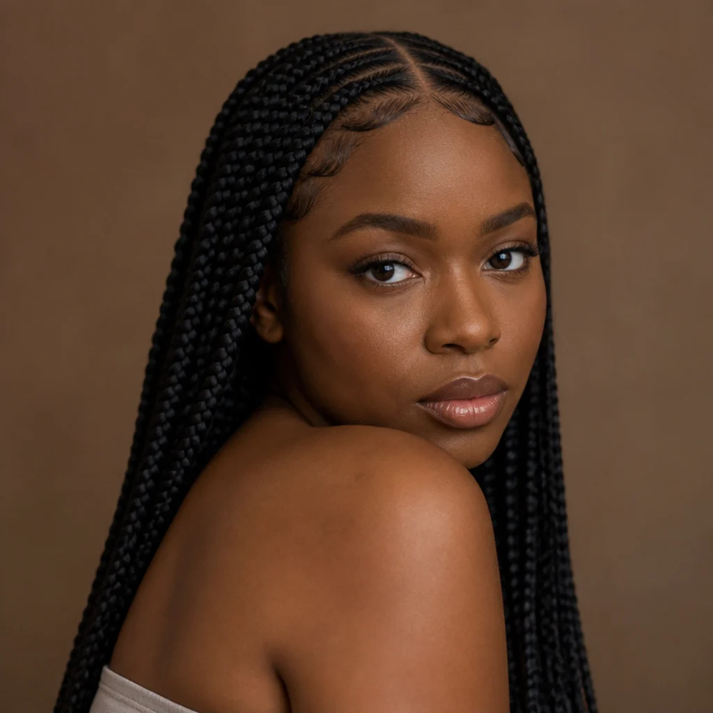 Front three-quarter view of jumbo box braids with a crisp middle part and softly laid baby hair edges