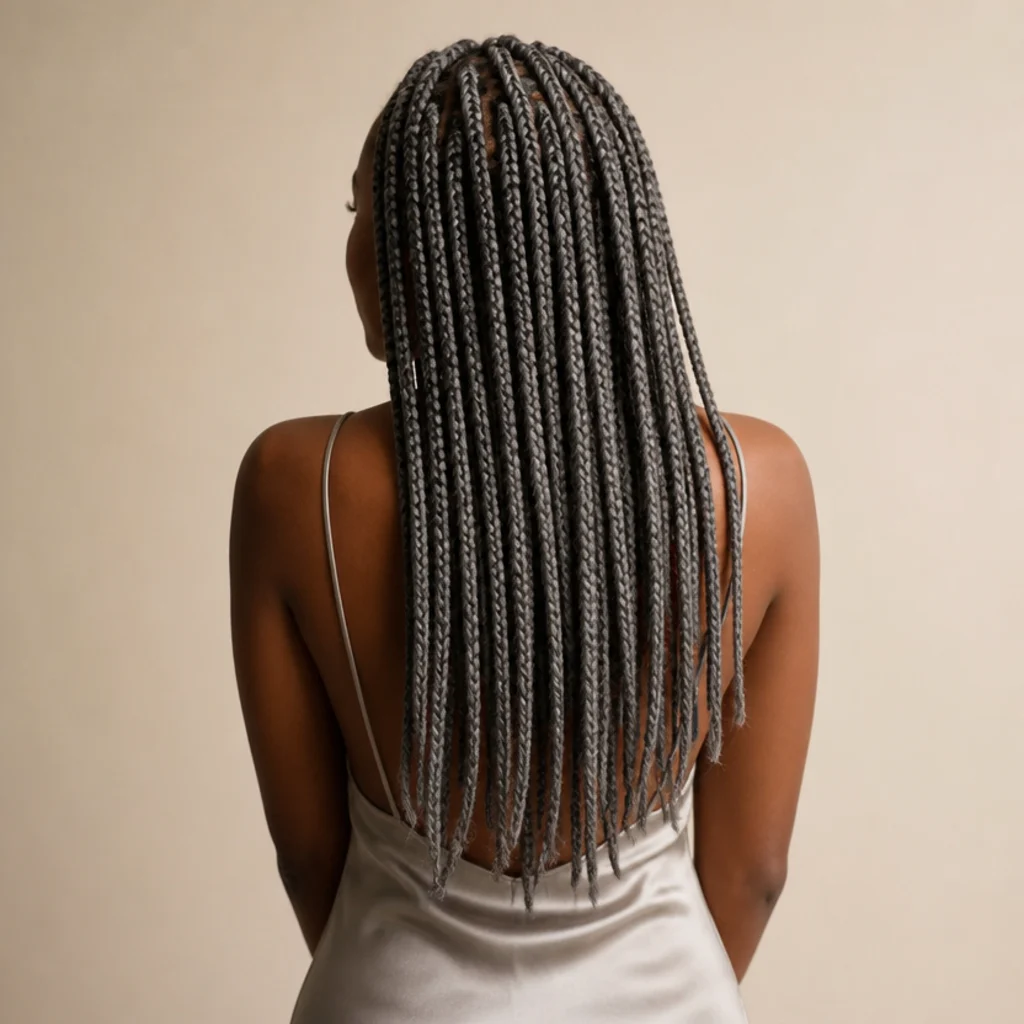 Back view of a woman wearing cool-toned grey and silver jumbo box braids at mid-back length