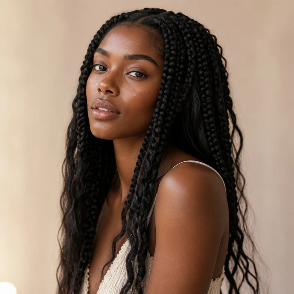 Three-quarter view of bohemian jumbo box braids with loose wavy pieces left out along the length