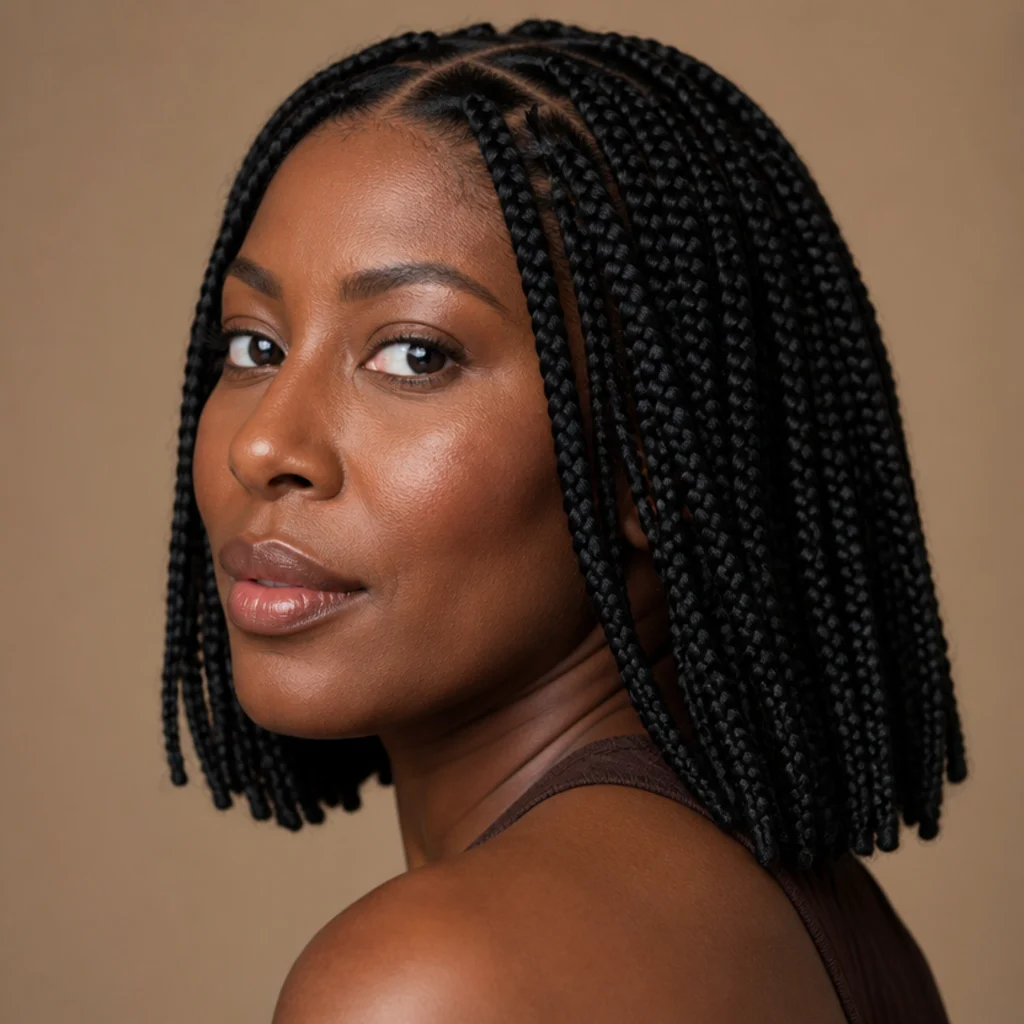 Black model in three-quarter view with shoulder-length natural off-black jumbo knotless box braids framing a rounded face on an ivory backdrop