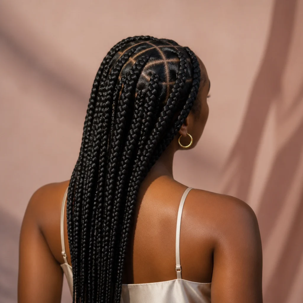 Back-angle view of glossy jumbo box braids parted in a precise straight center part with even symmetrical boxes