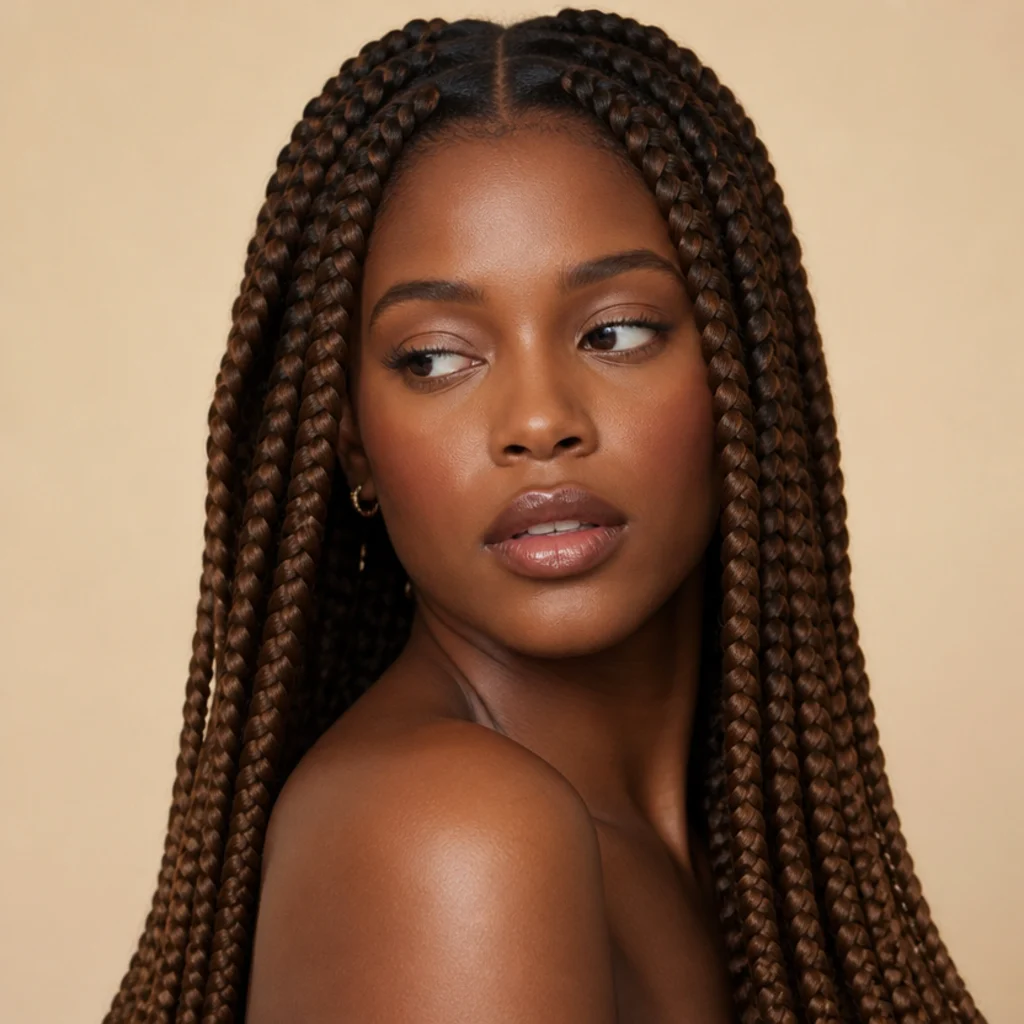 Three-quarter view of jumbo box braids in a warm chestnut balayage that deepens at the root and warms toward the ends