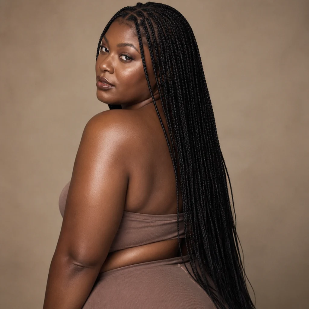 Three-quarter back view of waist-length medium jumbo knotless box braids with lush fullness and discreet parts