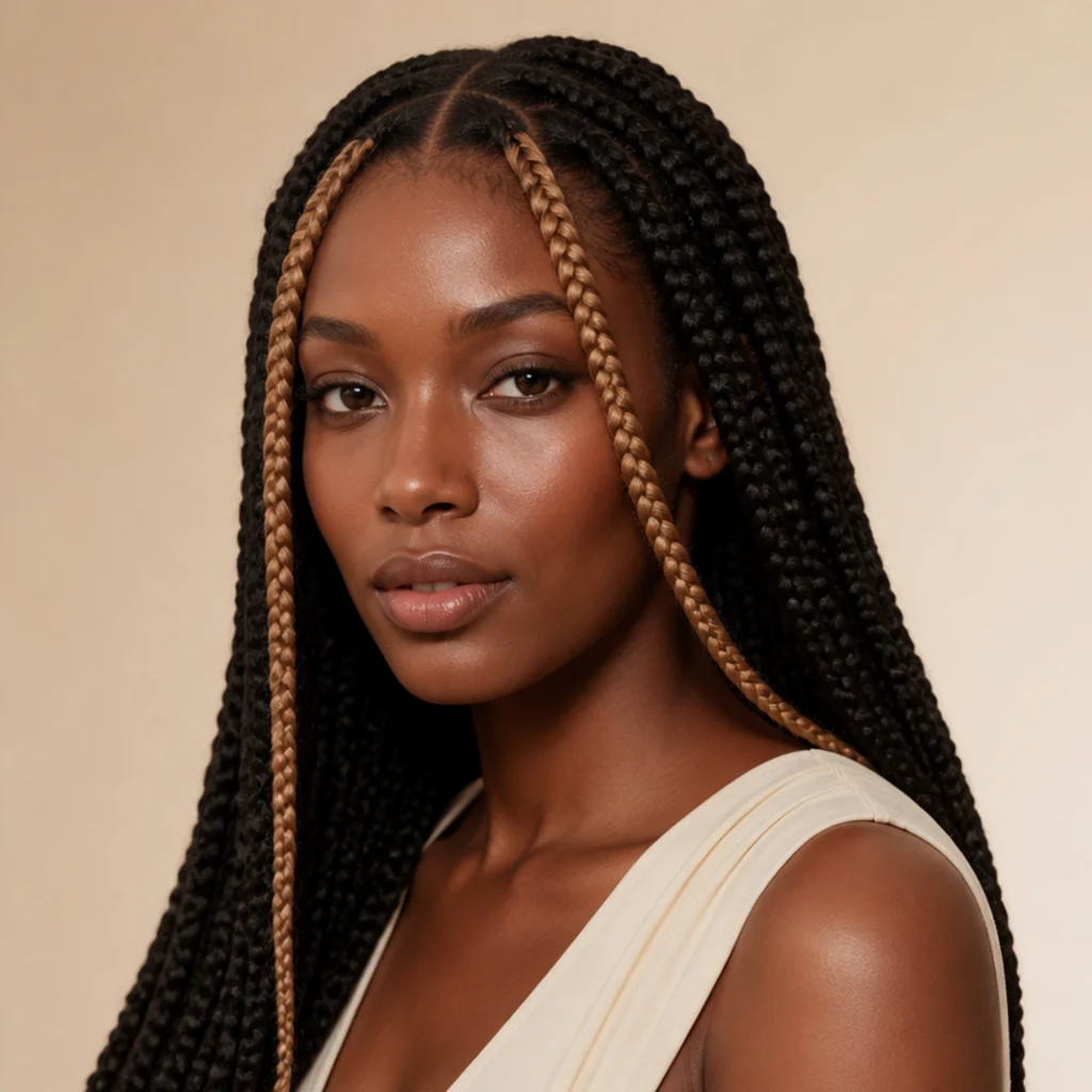 Front three-quarter view of jumbo box braids with two honey-blonde money-piece braids framing the face over a deep base color