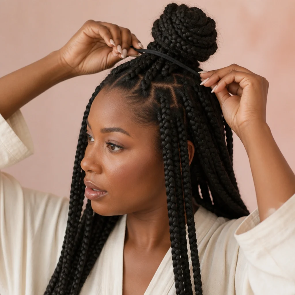 Three-quarter view of jumbo box braids styled half-up in a loose bun with the length falling free