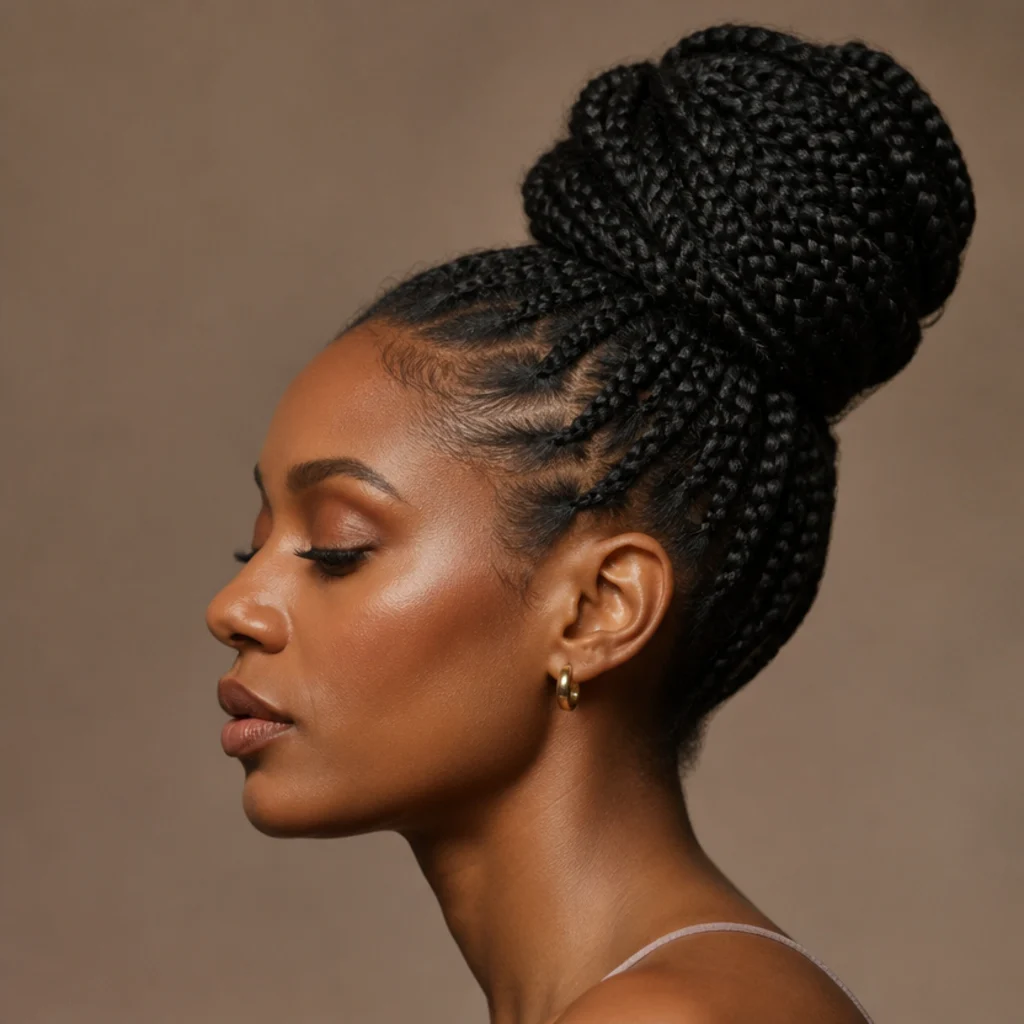 Side profile of jumbo box braids gathered into a high sculpted voluminous bun