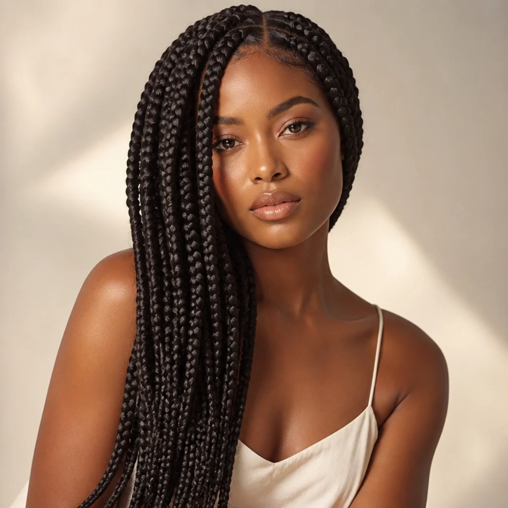 Front three-quarter view of long jumbo box braids swept over one shoulder cascading down the front