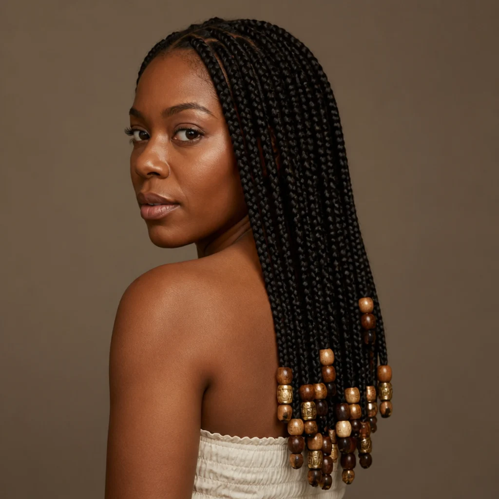 Three-quarter back view of jumbo box braids with wooden and matte-metal beads threaded on the ends