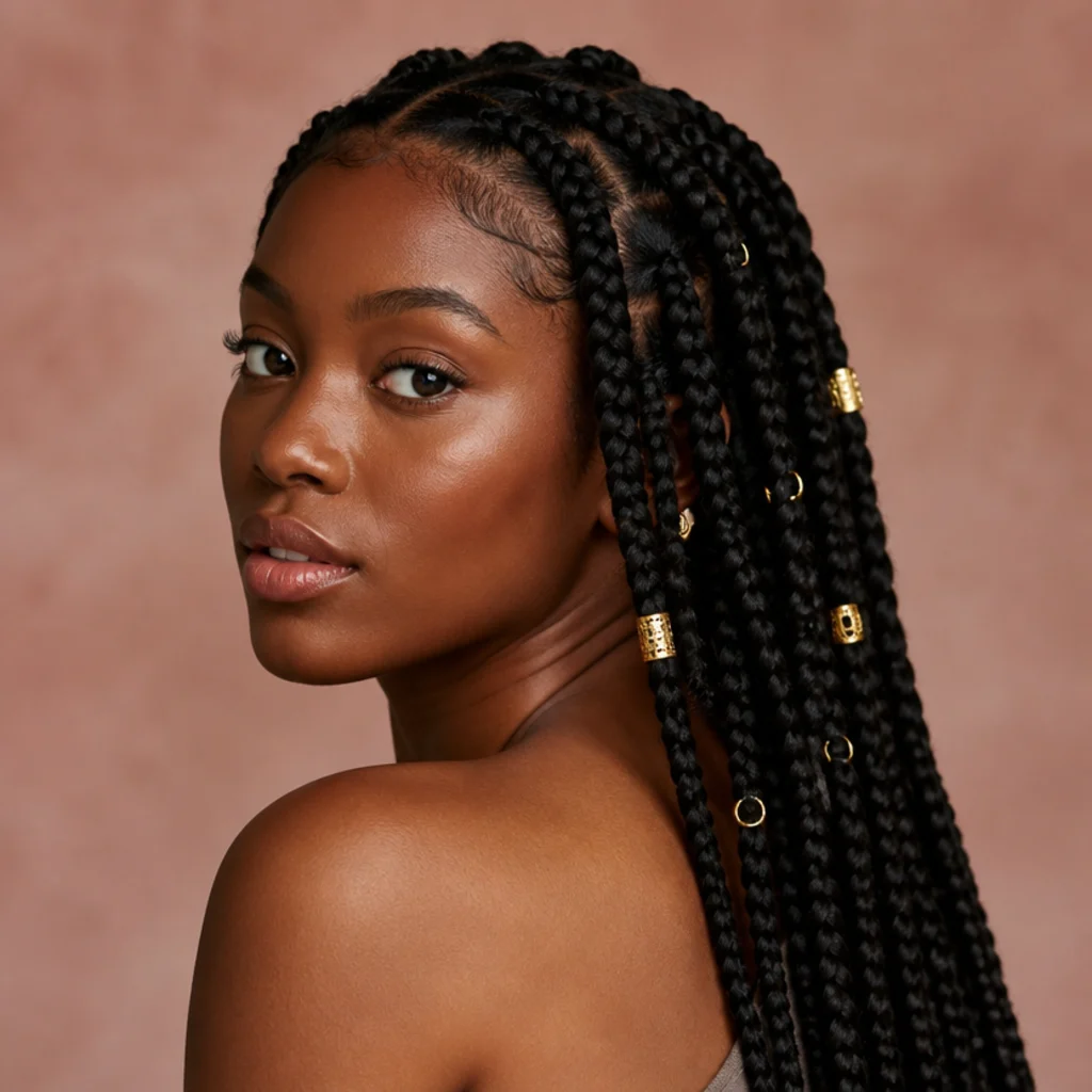 Close three-quarter view of jumbo box braids adorned with gold metallic cuffs and rings along select braids