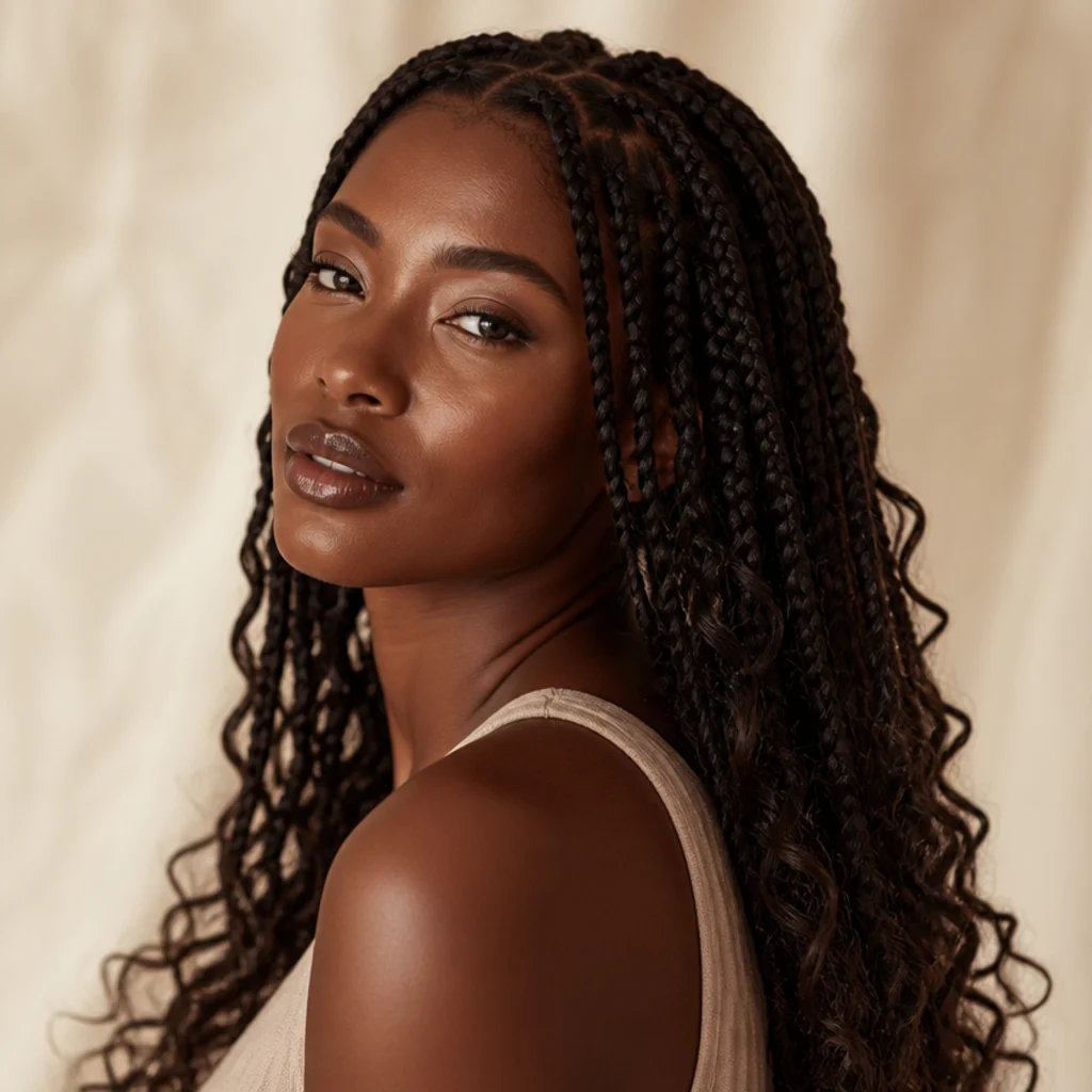 Three-quarter view of boho jumbo box braids with loose curly ends left out for a beachy finish