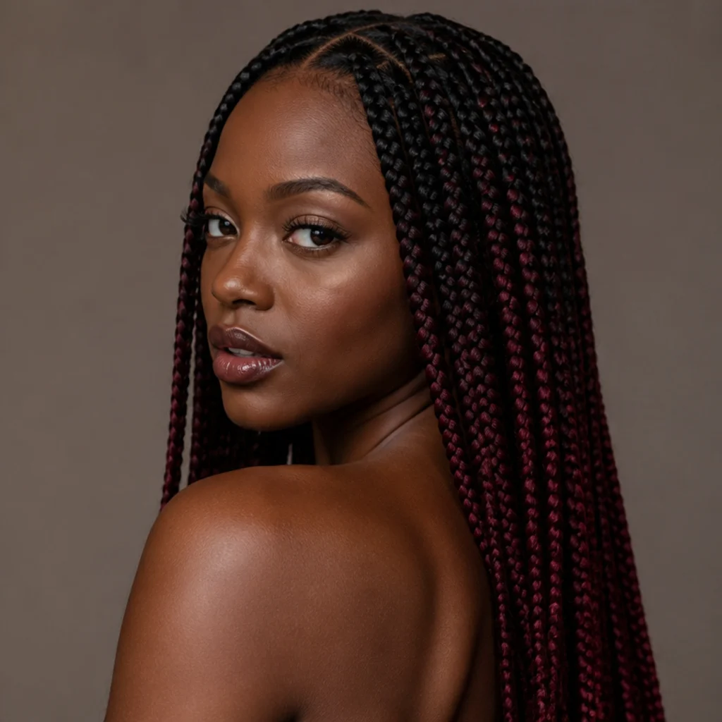 Three-quarter back view of jumbo box braids in a black-to-burgundy ombre fading into rich wine ends