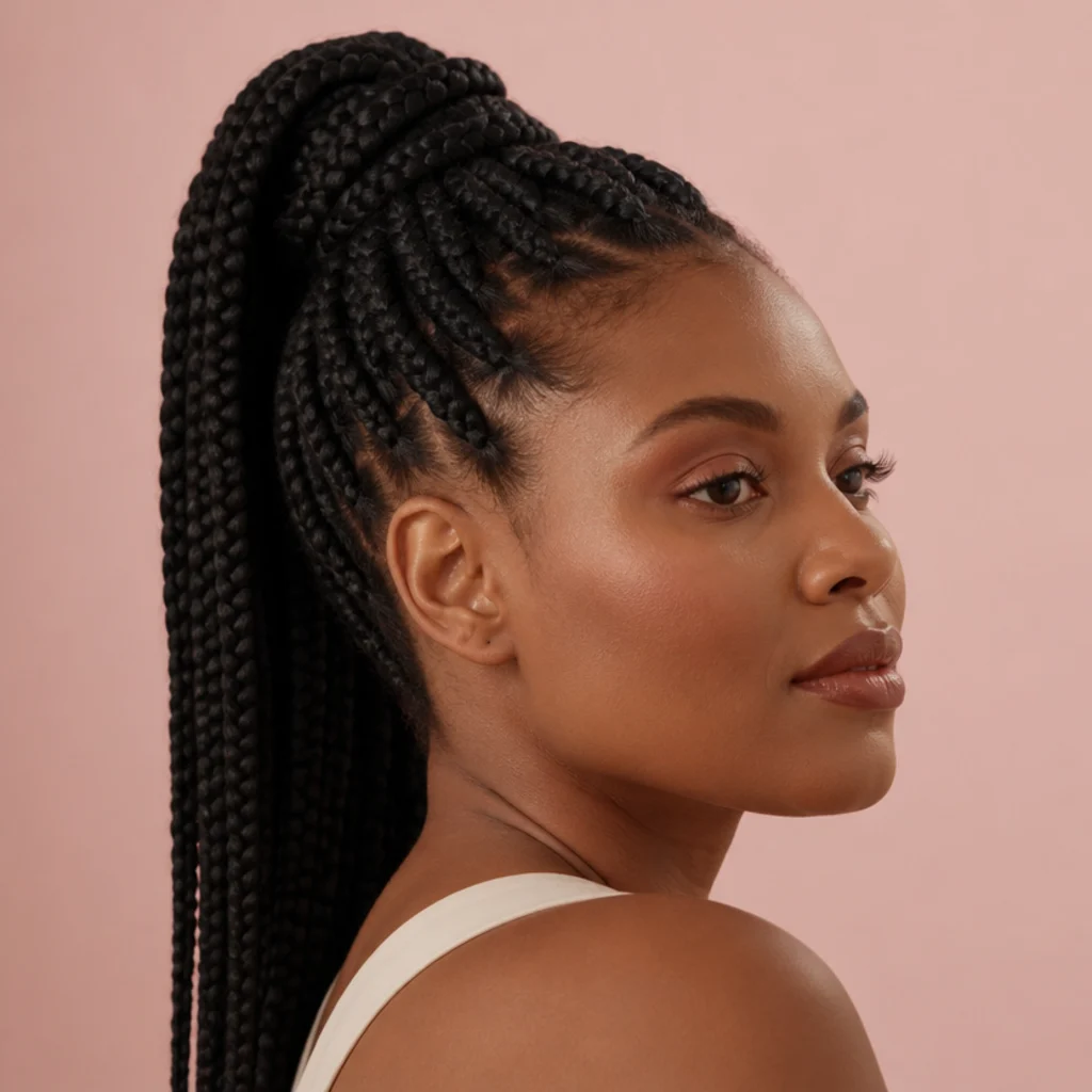 Side view of jumbo box braids gathered into a sleek high ponytail with a braid wrapped over the base