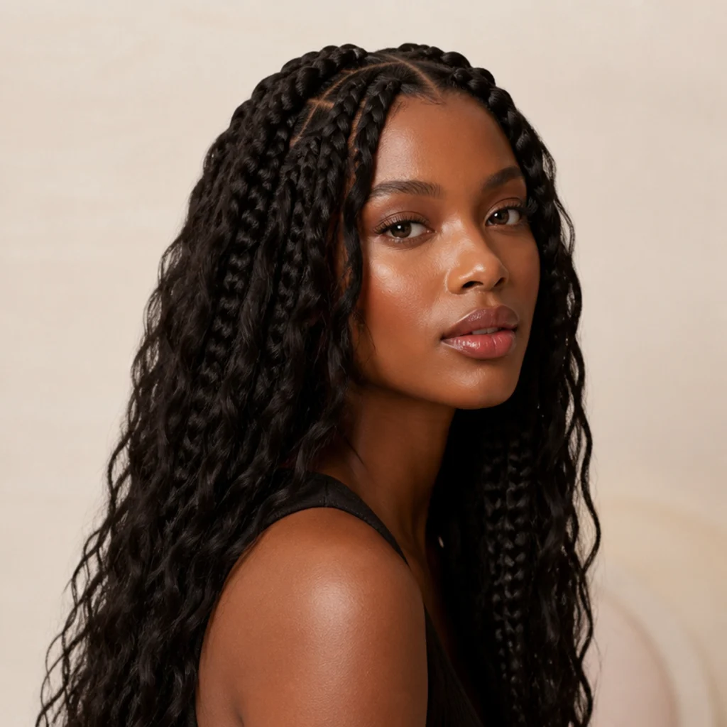 Three-quarter view of bohemian jumbo box braids blended with loose wavy human-blend hair between the braids