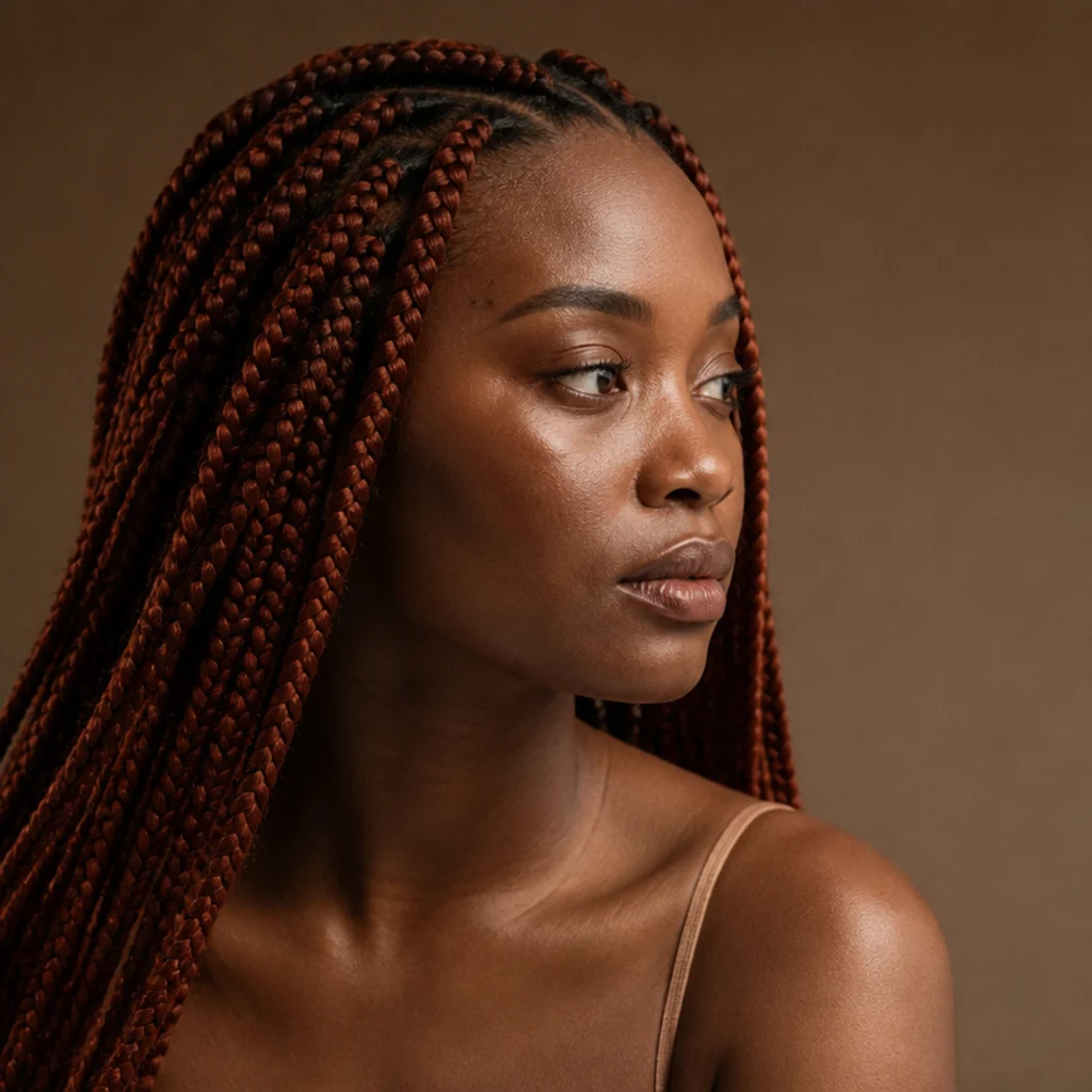 Three-quarter view of vivid all-over copper-red jumbo box braids catching warm light
