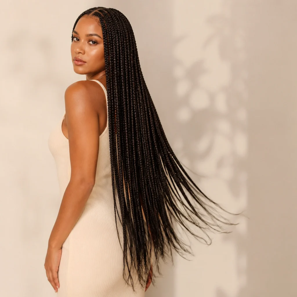 Full-length three-quarter back view of extra-long hip-grazing jumbo knotless box braids with dramatic drape