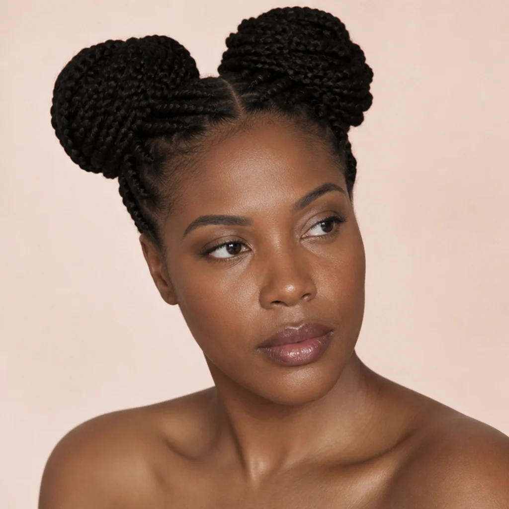 Front view of jumbo box braids split down the middle into two high voluminous braided buns