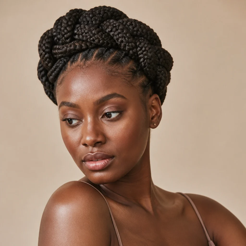 Overhead three-quarter view of jumbo box braids wrapped around the head into an elegant braided crown halo
