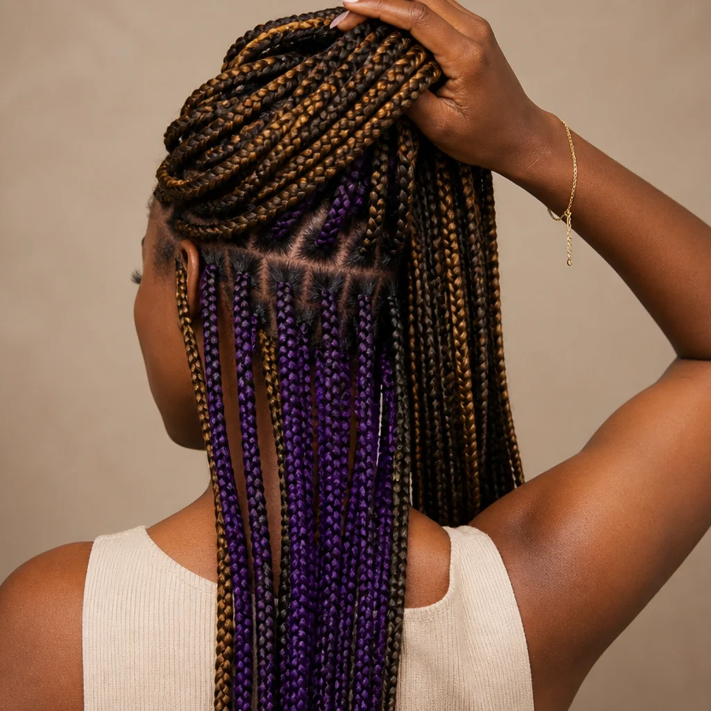 Back view of jumbo box braids with a natural top layer lifted to reveal a bright violet peekaboo underlayer