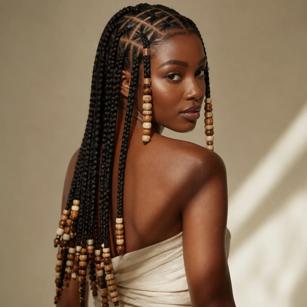 Three-quarter back view of bold Fulani-inspired jumbo box braids with sculptural partings, center cornrow detail, and generous beadwork