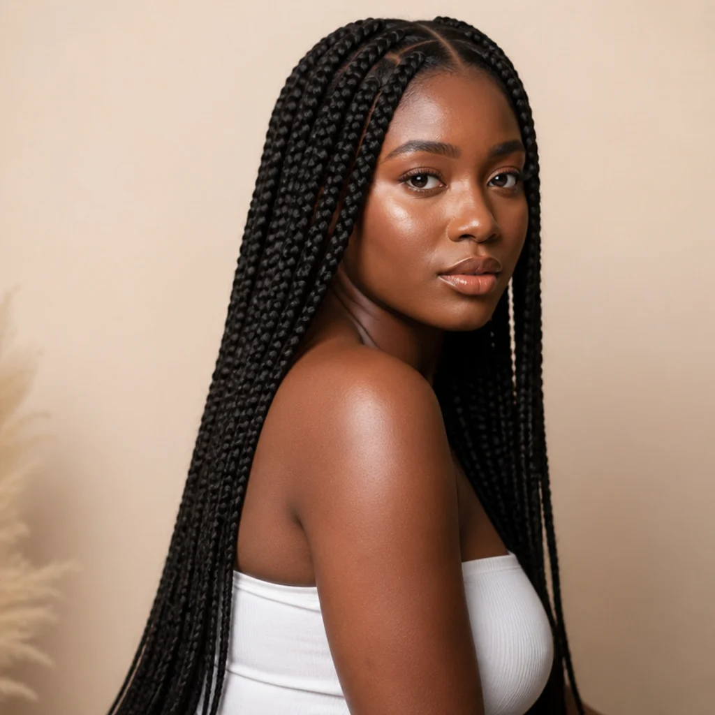 Black model in three-quarter view wearing waist-length jumbo knotless box braids with a clean center part on a warm ivory background
