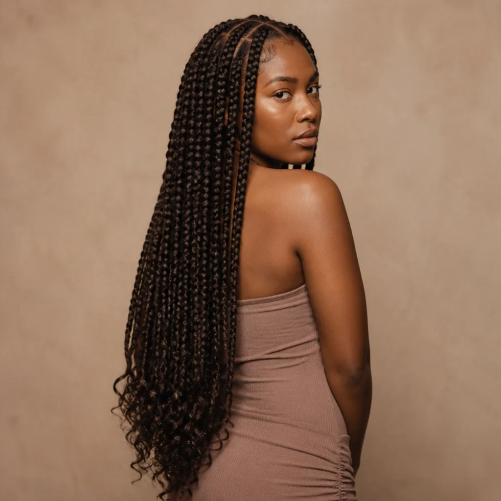 Waist-length jumbo box braids in dark brown with the final six to eight inches curled into soft loose waves, three-quarter back view, warm studio light