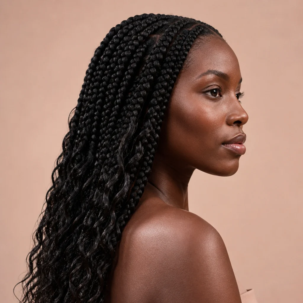 Jumbo knotless box braids in natural black with flat scalp roots and water-wave curly ends, side angle showing no visible knots at the base