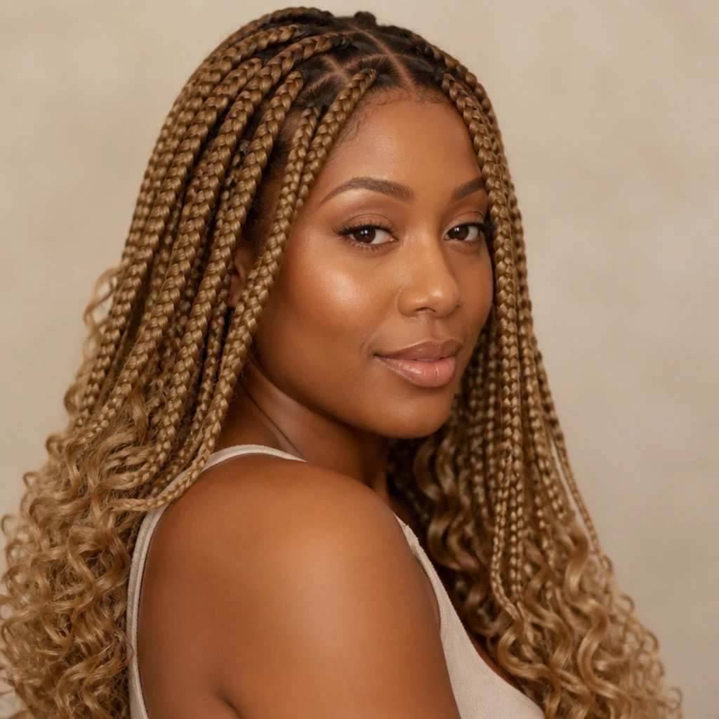 Jumbo box braids in honey blonde with loose curly ends against a warm ivory backdrop, three-quarter front angle on medium-brown skin