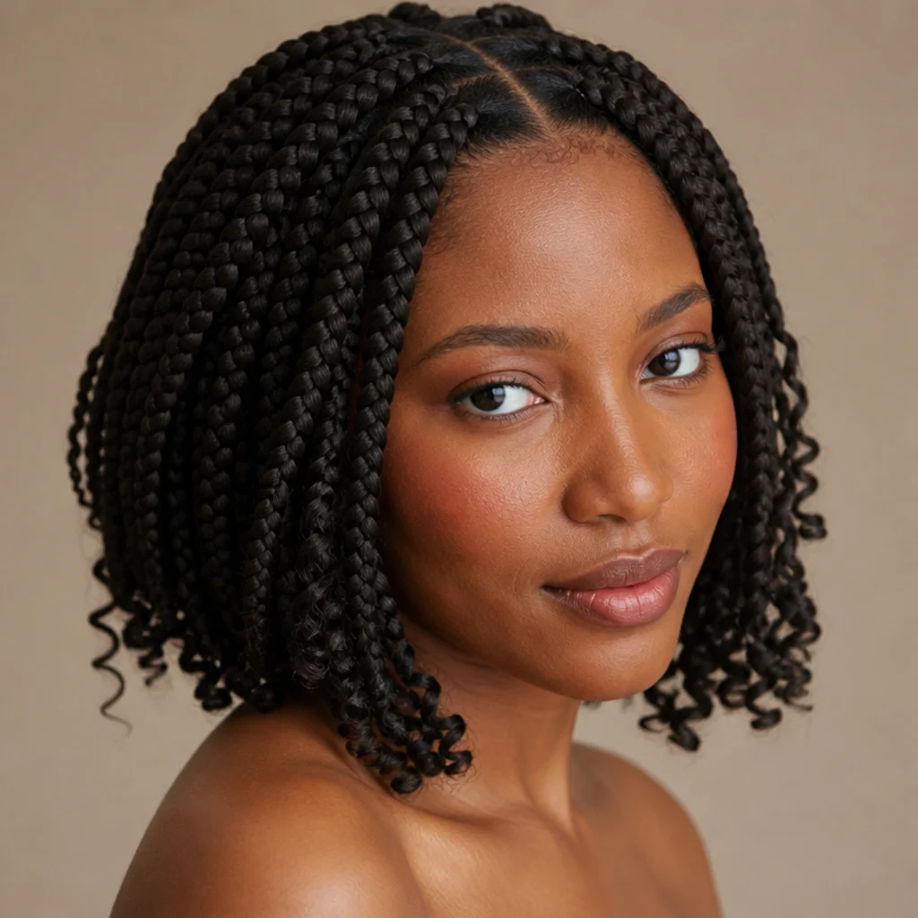 Chin-length short jumbo box braids with curly ends framing the face, clean center parting, studio taupe background