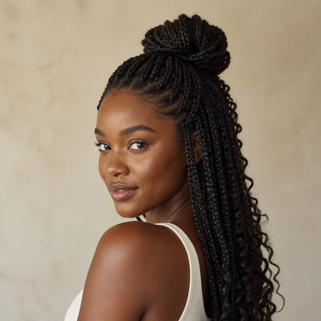 Jumbo box braids styled half up in a top bun with the rest cascading into curly ends down the back, three-quarter angle