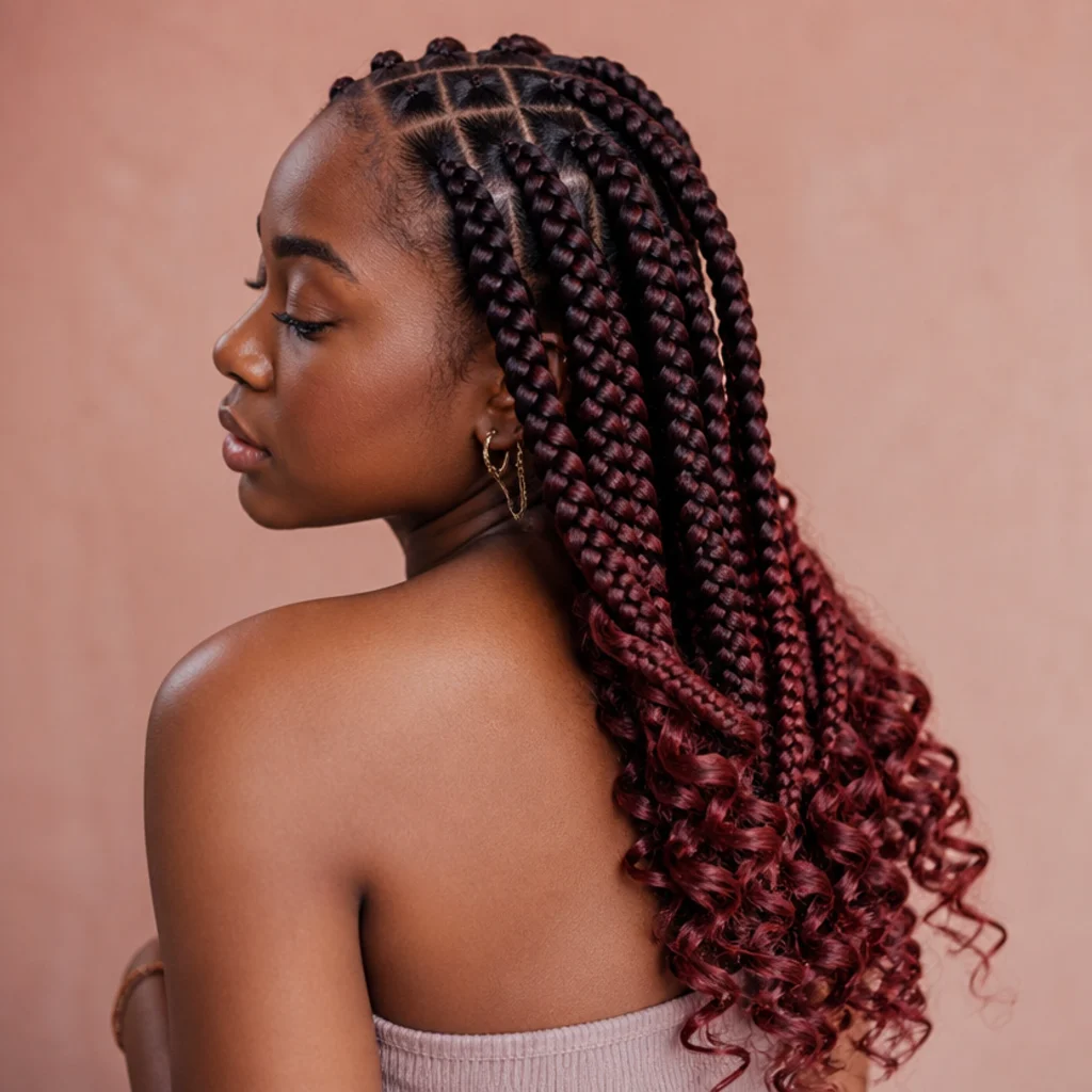 Jumbo box braids fading from dark roots to burgundy curly ends, side back view, warm blush background