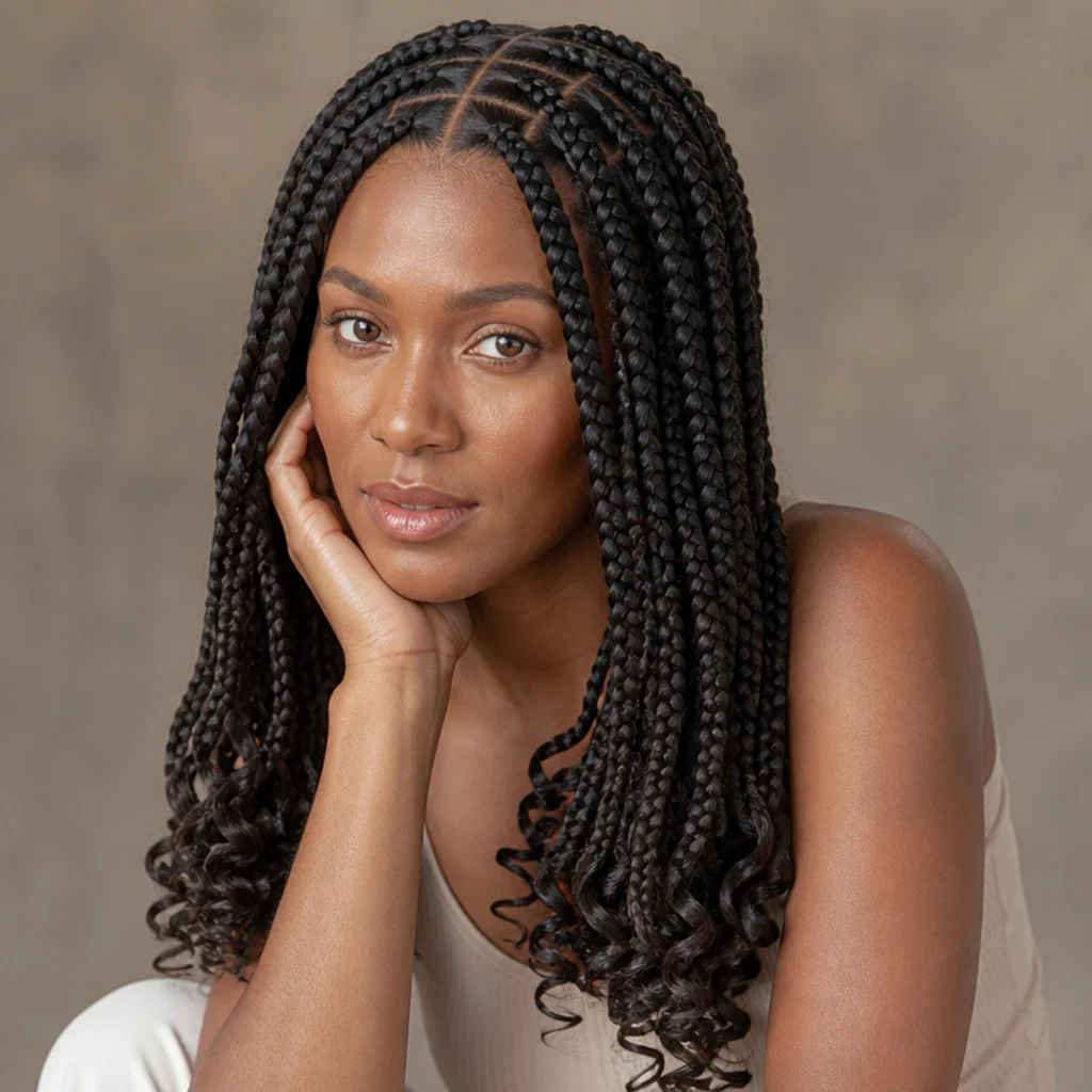 Jumbo box braids with a precise center part and symmetrical square sections, curly ends, front three-quarter view