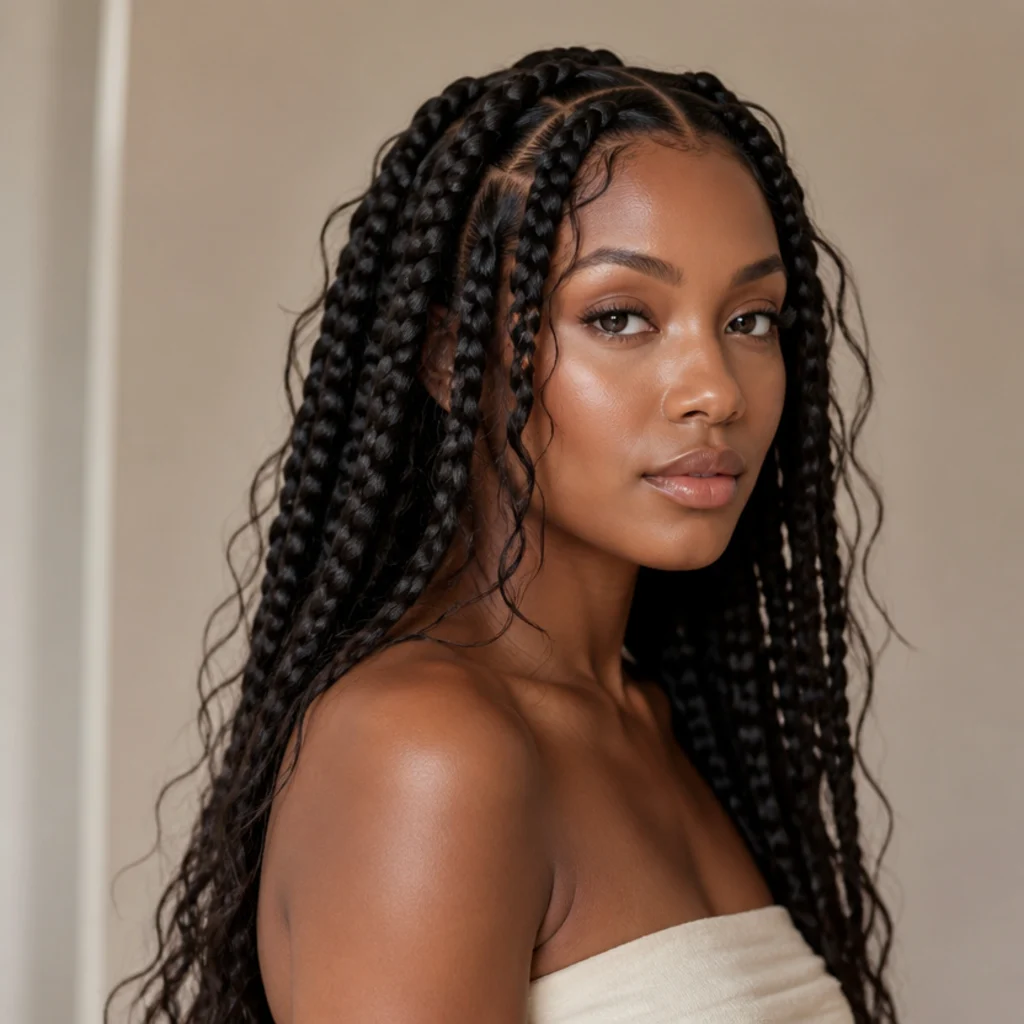 Goddess-style jumbo box braids with loose curly wisps escaping along the length, bohemian texture, three-quarter angle