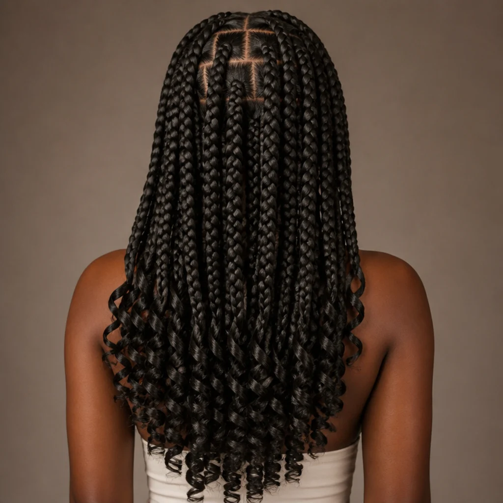 Chunky jumbo box braids ending in tight spiral ringlet curls, dark brown, back view on deep-skin model