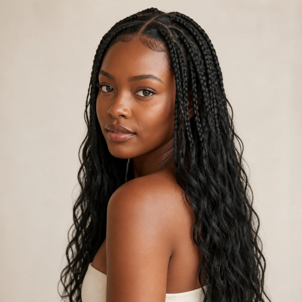 Jet-black jumbo box braids with loose beachy wave ends, high shine, three-quarter side angle, ivory studio backdrop