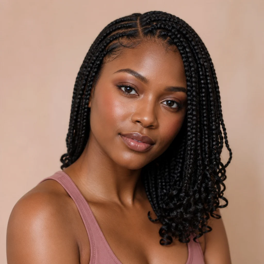 Jumbo box braids swept over one shoulder with curly ends resting at the collarbone, deep side part, front angle